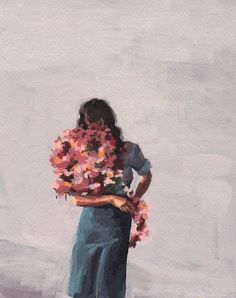 a painting of a woman holding flowers in her hands