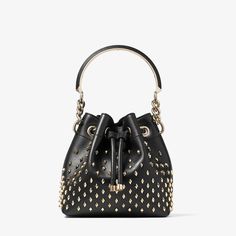 BON BON BUCKET/S | Black Smooth Calf Leather Bucket Bag with Studs | Summer Collection | JIMMY CHOO Familia Diamond, Womens Designer Bags, Bon Bon, Leather Bucket Bag, Leather Bucket, Designer Shoulder Bags, Jimmy Choo Shoes, Studded Leather, Leather Top