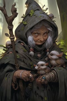 an old woman holding two baby animals in her arms and wearing a hoodie with leaves on it