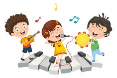 kids singing on stage with musical instruments and music notes in the background, epsp