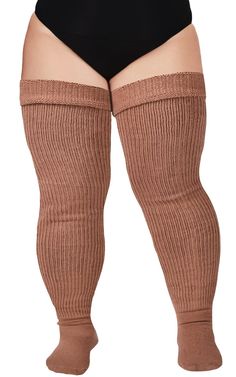 Colorful: Camel  
 Features: 60% Acrylic Yarn, 25% Stretch Yarn, 15% Polyester, keep warm, keep fashion.  
 Three Wear Ways: Thigh High Socks, Over the Knee Socks, Slouch Socks  
 Adjustable closure  
 Machine washable in cold water only  
 One Size: US 6.5 - 10  
 
 Packing List:  
 1*pair of Plus Size Thigh High Socks  
 1* pair of Garter Belts   Description   Moonwood Wear's Women's Plus Size Thigh High Socks in Camel are a stylish and comfortable accessory designed for women with larger legs. These socks offer a stretchy and comfortable fit that stays in place without slipping down. They are crafted from a high-quality blend of materials, including cotton, polyester, and spandex, which provide a soft and breathable feel that keeps feet warm without causing discomfort or irritation. Plus Size Thigh High Socks, Thigh Garters, Plus Size Thigh, Slouch Socks, Garter Belts, Leg Warmer, Stockings Legs, Over The Knee Socks, Warm Boots