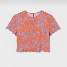 Orange And Lavender Wavy Psychedelic Crop Top With Lettuce Edge Short Sleeves And Lettuce Edge Hem. Size Large H&M. Took The Tags Off And Tried On, But Never Worn Aside From That. Kidswear Trends, Yellow Sea, Orange Shirt, Orange Pattern, Purple Pattern, Cropped Tops, Print Crop Tops, Girls Prints, Winter Fashion Outfits