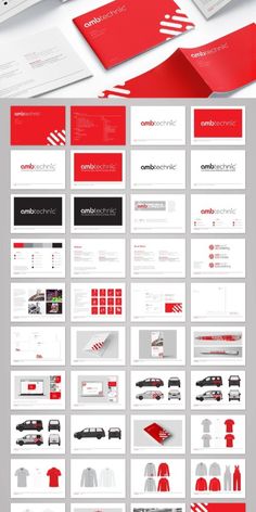 a bunch of red and white business cards on top of each other with different designs