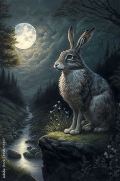 a painting of a rabbit sitting on top of a rock next to a river under a full moon