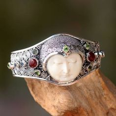 Peridot and carnelian cuff bracelet, 'Moon Empress' - Hand Carved Bone, Silver, and Gemstone Cuff Bracelet Bone Cuff, Gemstone Cuff Bracelet, Cuff Bracelets Handmade, Silver Moon, Deco Jewelry, Sterling Silver Cuff, Silver Cuff Bracelet, Silver Cuff, Art Jewelry