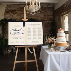 a table topped with a cake next to a sign