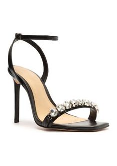 Sparkly rhinestone accents add glamorous style to the Lylah sandals from Schutz. | Schutz Women's Lylah Sandals, Black, 8M Bedazzled Evening Sandals For Spring, Formal Bedazzled Ankle Strap Sandals, Bedazzled Formal Sandals For Spring, Chic Bedazzled Sandals For Evening, Formal Bedazzled Sandals For Spring, Elegant Rhinestone Synthetic Sandals, Cocktail Sandals With Rhinestones, Elegant Bedazzled Sandals For Formal Occasions, Elegant Embellished Synthetic Sandals