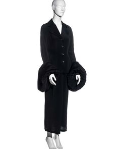 For Sale on 1stDibs - ▪ Yohji Yamamoto black silk suit skirt ▪ Single-breasted jacket ▪ Detachable voluminous padded cuffs ▪ Ankle-length skirt with back kick split ▪ SIZE JP Black Silk Suit, Black Silk Skirt, Ankle Length Skirt, Silk Suit, Single Breasted Jacket, Silk Skirt, Yohji Yamamoto, Skirt Suit, Black Silk