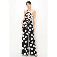 Chic halter neck black and white polka dot wide leg jumpsuit *Available at our Rehoboth Beach location or Online Black And White Jumpsuit, Beach Location, Black White Jumpsuit, Charlotte's Web, Polka Dot Jumpsuit, White Clothing, Rehoboth Beach, White Outfits, Wide Leg Jumpsuit