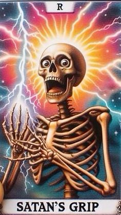 a card with a skeleton holding a lightening bolt in it's right hand