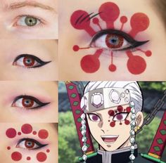 Demon Slayer Eyeliner, Anime Face Makeup, Demon Slayer Make Up, Anime Face Paint, Mitsuri Makeup, Anime Makeup Looks, Anime Inspired Makeup, Anime Make-up, Makeup Kawaii