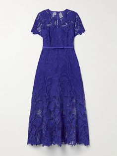 Self-Portrait's midi dress is made from guipure lace in a bold indigo shade - the ornate fabric is a signature throughout the label's romantic collections. Designed for a figure-skimming fit, it's underpinned with tonal crepe for coverage and has a slim belt to cinch the shape. Collage Elements, Blue Lace Dress, Dress Flats, Our Lady Of Guadalupe, Dress For Wedding, Lady Of Guadalupe, Royal Outfits, Exclusive Dress, Fashion Collage