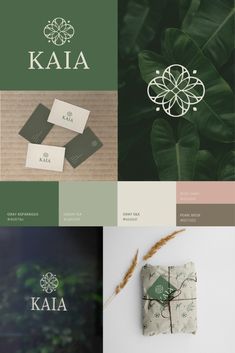 four different logos and business cards with green leaves in the middle one is for kaia