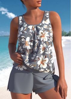 Color:Grey;Size:S;Size:M;Size:L;Size:XL;Size:XXL;Bra Style:Padded;Support:Wire Free;Pad Style:Removable;Strap Style:Unadjustable;Package Contents:1 X Top , 1 X Shorts;Occasion:Sport; Trendy Swimsuits, Printed Tankini, Tankini Set, Plus Size Swimwear, Bra Styles, Swim Suit, Outfit Casual, Amelie, Casual Outfit