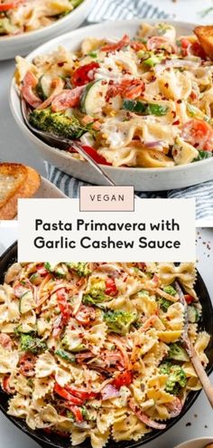 pasta primavera with garlic cashew sauce in a skillet