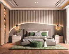 a modern bedroom with wooden floors and green accents on the walls, along with a large bed