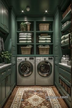 a washer and dryer in a green laundry room