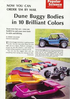 an advertisement for dune buggy bodies in 10 brilliant colors from the popular science magazine