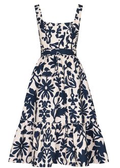 Andres Otalora navy blue and white floral print dress with a fitted bodice, wide straps, and a flared midi skirt in cotton poplin. Encanto Dress, Resort Casual, Wedge Heel Sneakers, Long Gowns, Classic Feminine, Style Essentials, Cashmere Pants, Long Gown Dress, Flat Wedges