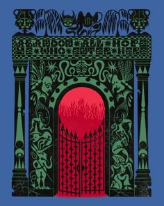 an illustration of a red door in the middle of a green and blue background with birds on it