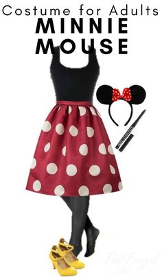 a minnie mouse costume for adults is shown with shoes and headbands on it