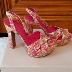 Bcbg Open Toe Floral Shoes. Never Worn. Pink Sandals With Padded Heel For Spring, Spring Pink Sandals With Padded Heel, Pink Block Heel Shoes For Spring, Pink Block Heel Heels For Spring, Pink Wrapped Heel For Spring, Spring Pink Block Heel Shoes, Pink High Heels For Spring, Spring Pink Sandals With Wrapped Heel, Pink Round Toe Heels For Spring