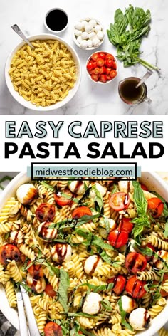 easy caprese pasta salad with tomatoes, spinach and mozzarella