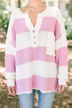 You are sure to have the best day ever every time you get to wear this sweater! It is just so cute and comfy! That knit fabric is so cozy and we love the soft hues! This oversized sweater is perfect for any causal day! V-neckline with a partial button down closure Long bubble sleeves Striped knit fabric Generous stretch Cindy is wearing the small. Pink Striped Sweater, Have The Best Day, Mint Julep Boutique, Amazing Outfits, Mauve Pink, The Best Day, Pink Lily, Model Fits, Best Day Ever