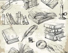 hand drawn books and other items on a beige background with scratches, ink - art