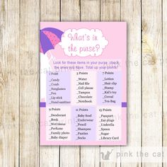 baby shower game Purple Umbrella, Pink Umbrella, The Price Is Right, Game Party, Price Is Right, Purple Baby, Party Purse, Wishes For Baby, Library Card