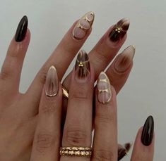 #nails Simple Autumn Nails Almond, Gel Polish Nail Designs Brown, Autumn Nail Asthetic, Nails Inspo 2024 Fall, Black Brown Nail Art, Brown Fall Nail Set, Brown Nails And Gold, Autumn Nail Inspo Almond, Brown Nails Inspo Aesthetic