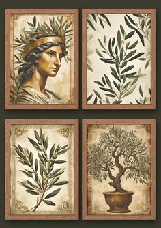 four paintings with olives and leaves on them