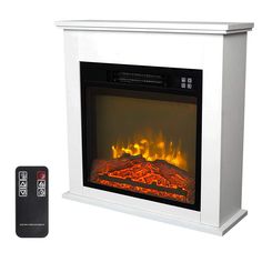 a white electric fireplace with remote control