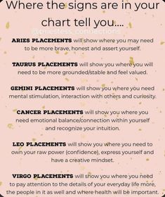 a sign with the words where the signs are in your chart tell you and how to use them