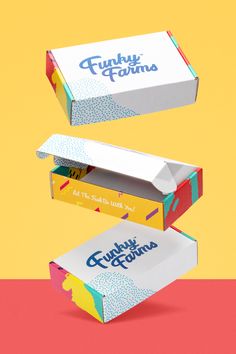 three boxes are stacked on top of each other with the words funky farms printed on them