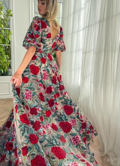 Rose Romance Lace Gown | Teuta Matoshi Rose Wedding Dress With Rose Detail, Floor-length Floral Embroidery Maxi Dress For Garden Party, Floral Embroidered Floor-length Maxi Dress For Garden Party, Elegant Rose Print Maxi Dress For Garden Party, Floor-length Floral Embellished Gown For Garden Party, Floor-length Floral Gown For Garden Party, Floral Embroidered Floor-length Evening Dress, Red Floral Embroidery Maxi Dress For Party, Red Floral Embroidered Maxi Dress For Party