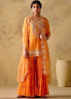 Tangerine Embellished Silk Kurta Gharara Set With Dupatta Varun Chhabra - Fabilicious Fashion Dabka Embroidery, Chennai Wedding, Aashni And Co, Indian Luxury, Resham Work, Short Kurta, Scalloped Border, Vacuum Storage, Indian Wedding Wear