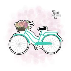 a blue bicycle with flowers in the basket on it's front wheel, against a pink background