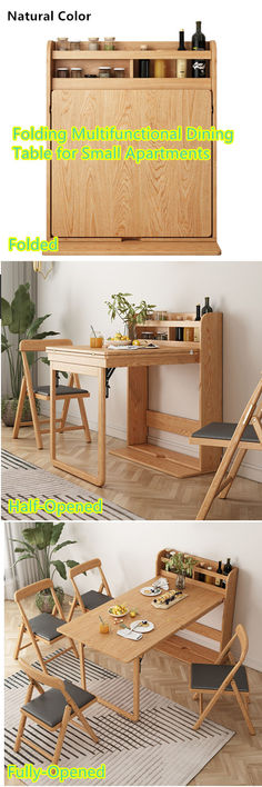 three different views of a wooden table and chairs