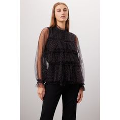 Black mesh (100% Polyester). Top. Long sleeves. Mock neck. Back button closure. 34.5" from shoulder to hemline. Imported. Adam Lippes, Rent The Runway, Closet Designs, Polyester Top, Ruffle Top, Black Mesh, Mock Neck, Night Out, Mini Skirts