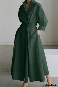 Color: Army Green, Size: S Elegant Shirt Dress, Long Top Dress, Gaun Fashion, Black Linen Dress, Dress Sleeve Length, Maxi Shirts, Sleeves Clothing, Vestidos Vintage, Long Summer Dresses