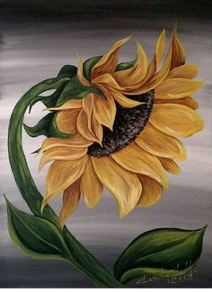 a painting of a sunflower on a gray background