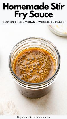 homemade stir fry sauce in a glass jar on a white surface with text overlay