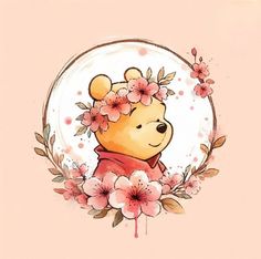 a drawing of a winnie the pooh bear with flowers in her hair and an apple blossom wreath around its neck