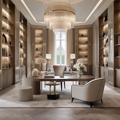 a living room filled with furniture and lots of bookshelves on the wall next to a window