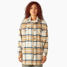 This versatile layering essential is made with a double-sided brushed flannel fabric that allows for plenty of warmth to help keep you comfortable all season long. The women's shirt jacket has an oversized fit for coverage and easy layering, handwarmer pockets, and secure chest pockets. Item ID: A85WN Product Details Chest flap pockets with button-through closure Handwarmer pockets Button-through front closure. Women Flannel, Short Scarves, Flannel Sweatshirt, Plaid Shacket, Dickies Women, Flannel Women, Flannel Fabric, Oversized Shirt, Outerwear Women