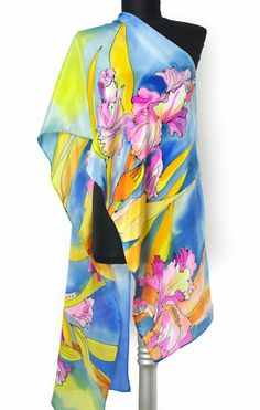 Hand painted silk Scarf/Yellow Orhids/Painted silk shawl/Woman Elegant Blue Dupatta With Digital Print, Blue Silk Dupatta With Digital Print, Yellow Silk Dupatta With Floral Print, Spring Silk Dupatta With Digital Print, Spring Yellow Silk Dupatta, Artistic Multicolor Silk Shawl, Multicolor Silk Shawl With Floral Print, Multicolor Silk Shawl Scarf, Multicolor Silk Shawl