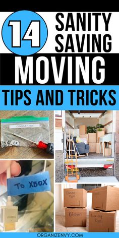 Collage of photos showing tips to stay organized during a move. Moving Tips And Tricks, Organizing For A Move, Moving Long Distance, Packing To Move, Moving Packing, Moving Boxes