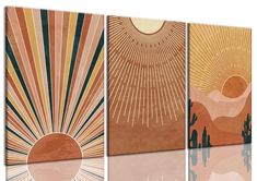 three canvases that have different colors and designs on them, each with an image of the sun