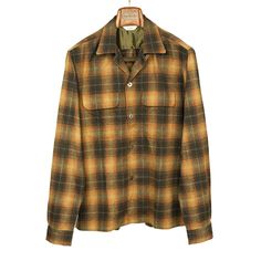 Fujito Open collar shirt in tan & chocolate shadow plaid cotton flannel – No Man Walks Alone Open Collar Shirt, Large Buttons, Knitted Tshirt, Collar Shirt, Mother Of Pearl Buttons, Pearl Buttons, Grey Cotton, Cotton Flannel, Long Sleeve Knit